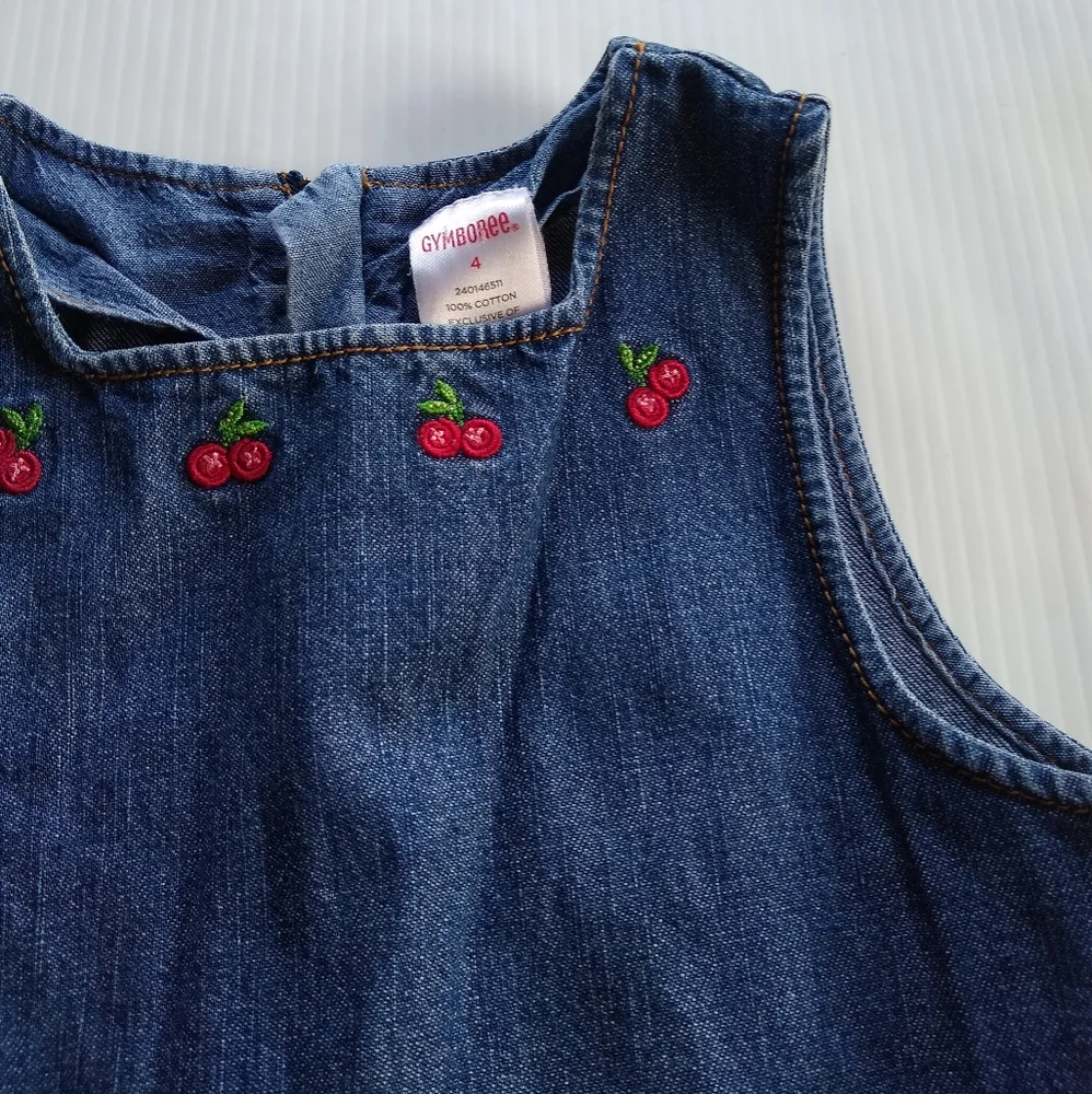 GYMBOREE cherry embroidered pleated denim jumper pinafore dress